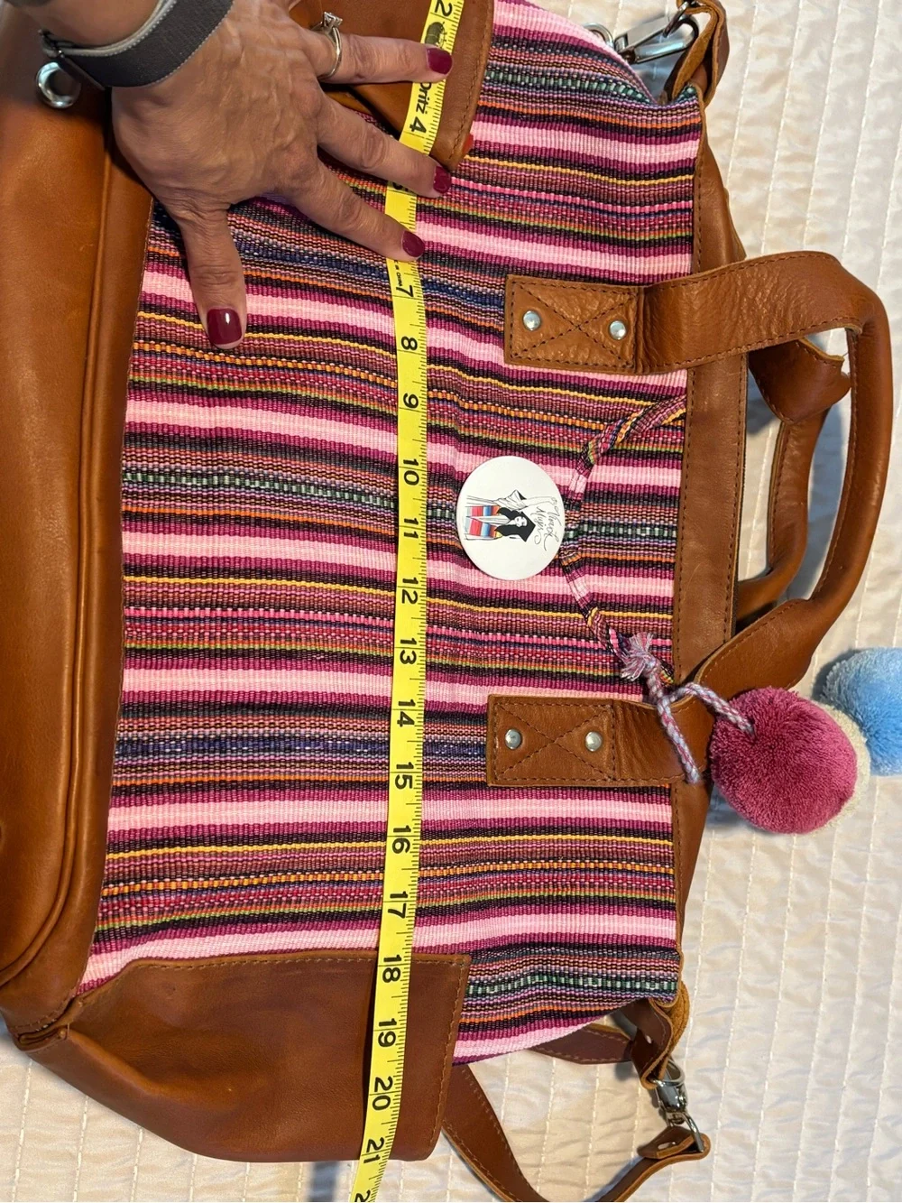 Nena & Co. Pink Striped Canvas Tote with Pom Pom Charm